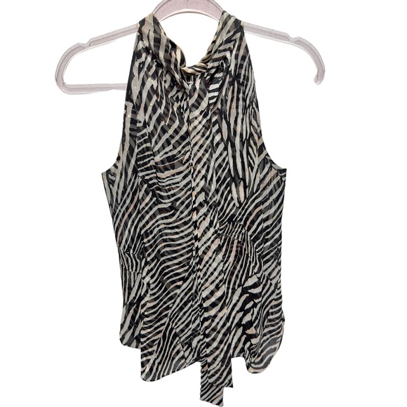 WHBM Zebra Chiffon Satin Pleated Mock Neck Layered Blouse - Picture 7 of 10